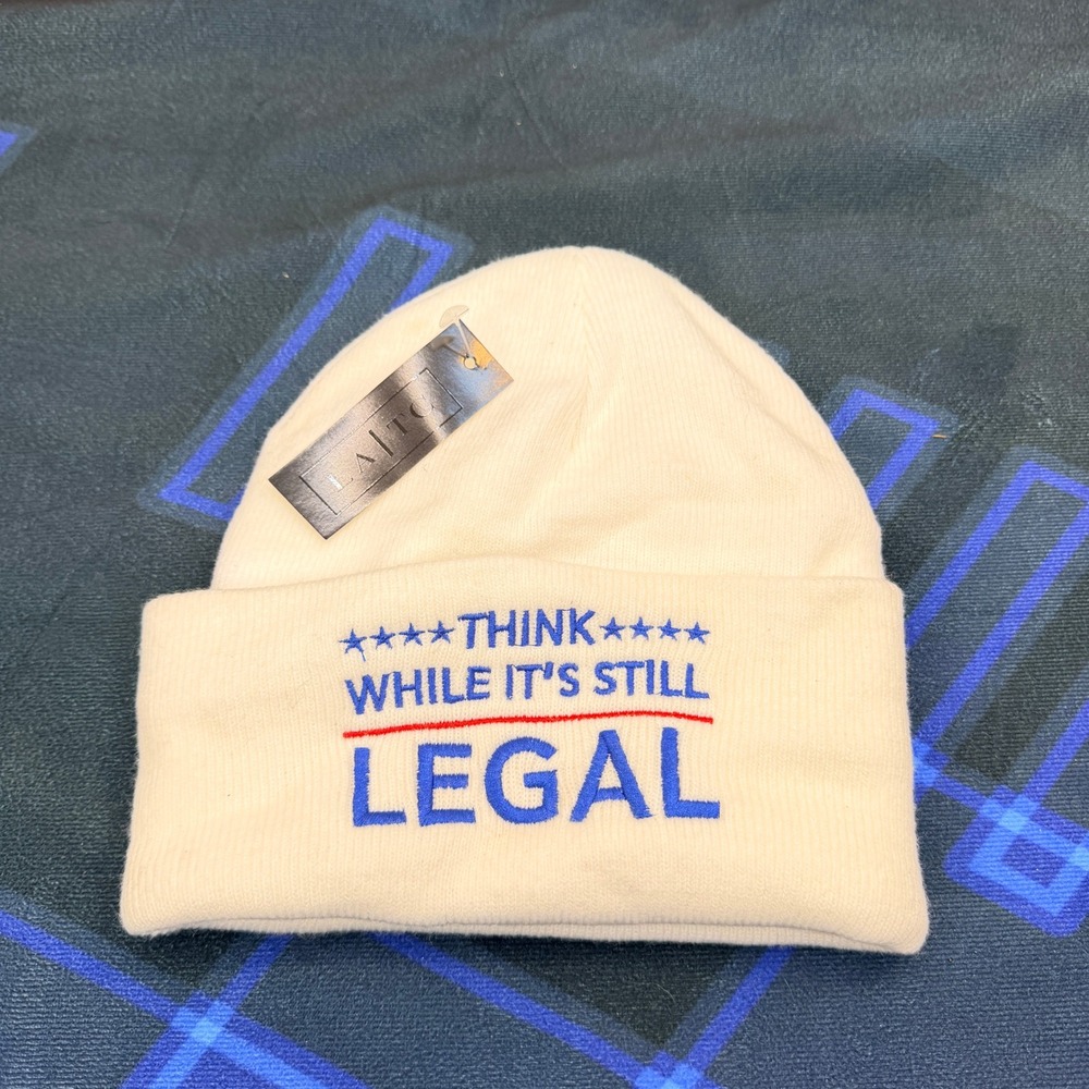 LATC Think While It's Still Legal Beanie Hat White Knit Cuffed Cap NWT